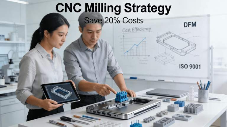  An industrial designer and a manufacturing engineer collaborate in a modern studio, evaluating a precision-machined aluminum product casing with a high-quality surface finish against a 3D model, illustrating the strategic partnership between design and manufacturing for cost savings.