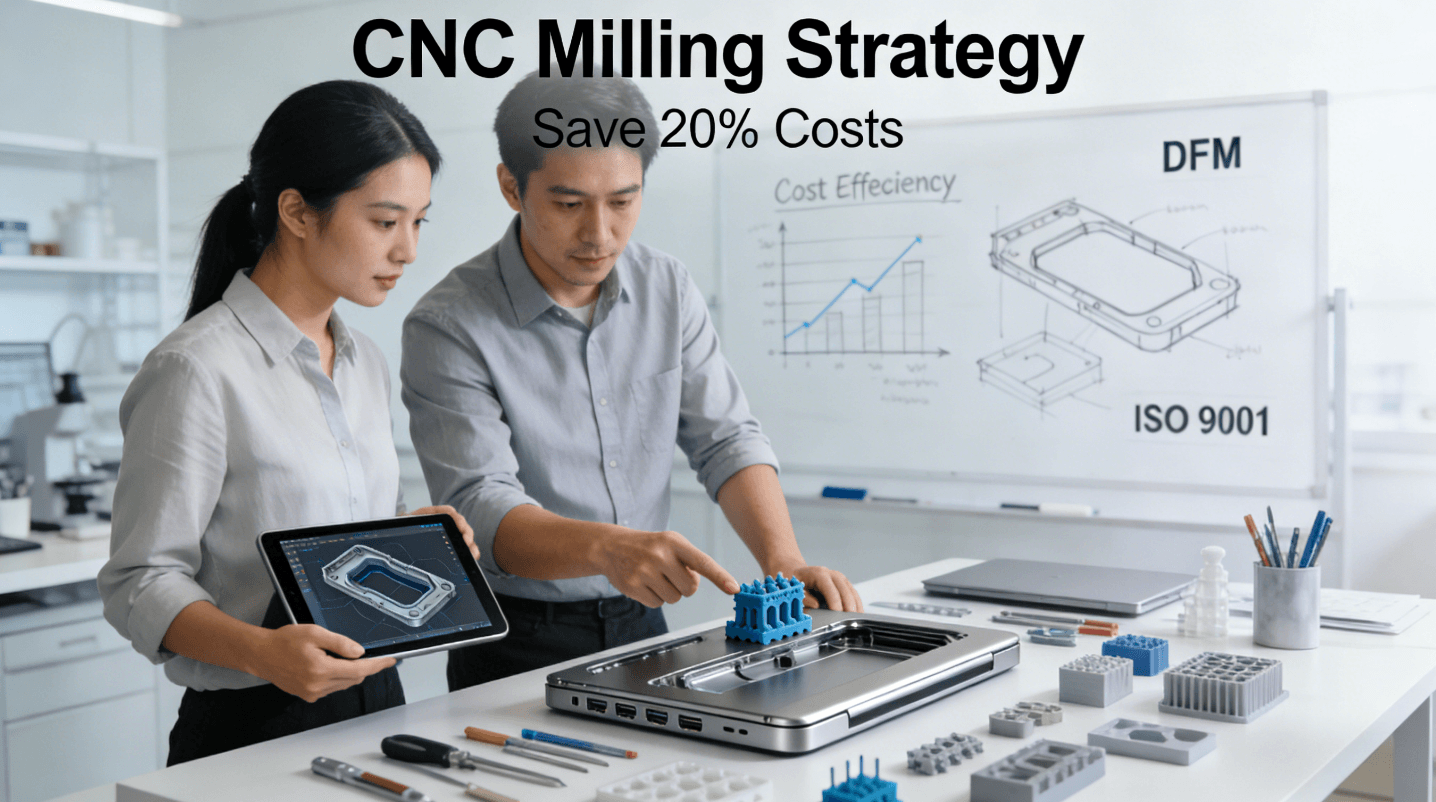  An industrial designer and a manufacturing engineer collaborate in a modern studio, evaluating a precision-machined aluminum product casing with a high-quality surface finish against a 3D model, illustrating the strategic partnership between design and manufacturing for cost savings.