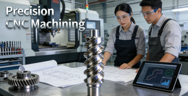  Two engineers evaluating a precision machined spiral bevel gear and blueprints in a modern CNC machining shop, with an infographic listing the 5 key evaluation pillars: Technical Capability, Cost Transparency, Quality Certifications, Delivery Reliability, and After-Sales Support.