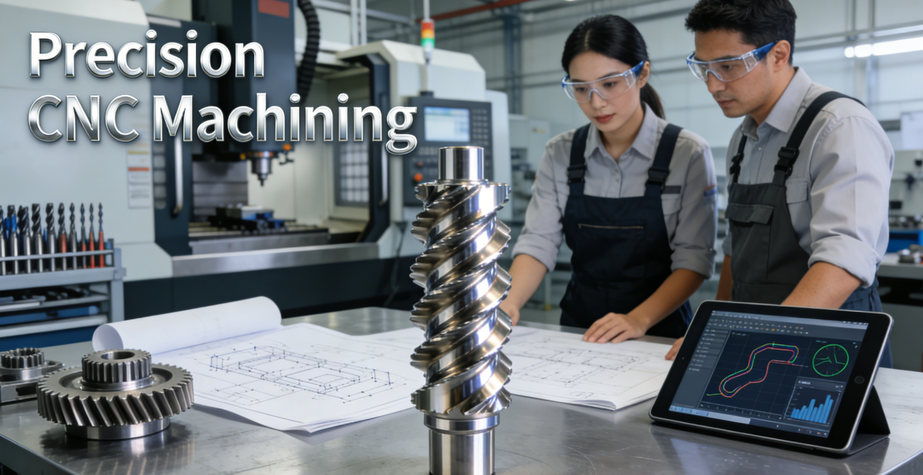 Two engineers evaluating a precision machined spiral bevel gear and blueprints in a modern CNC machining shop, with an infographic listing the 5 key evaluation pillars: Technical Capability, Cost Transparency, Quality Certifications, Delivery Reliability, and After-Sales Support.
