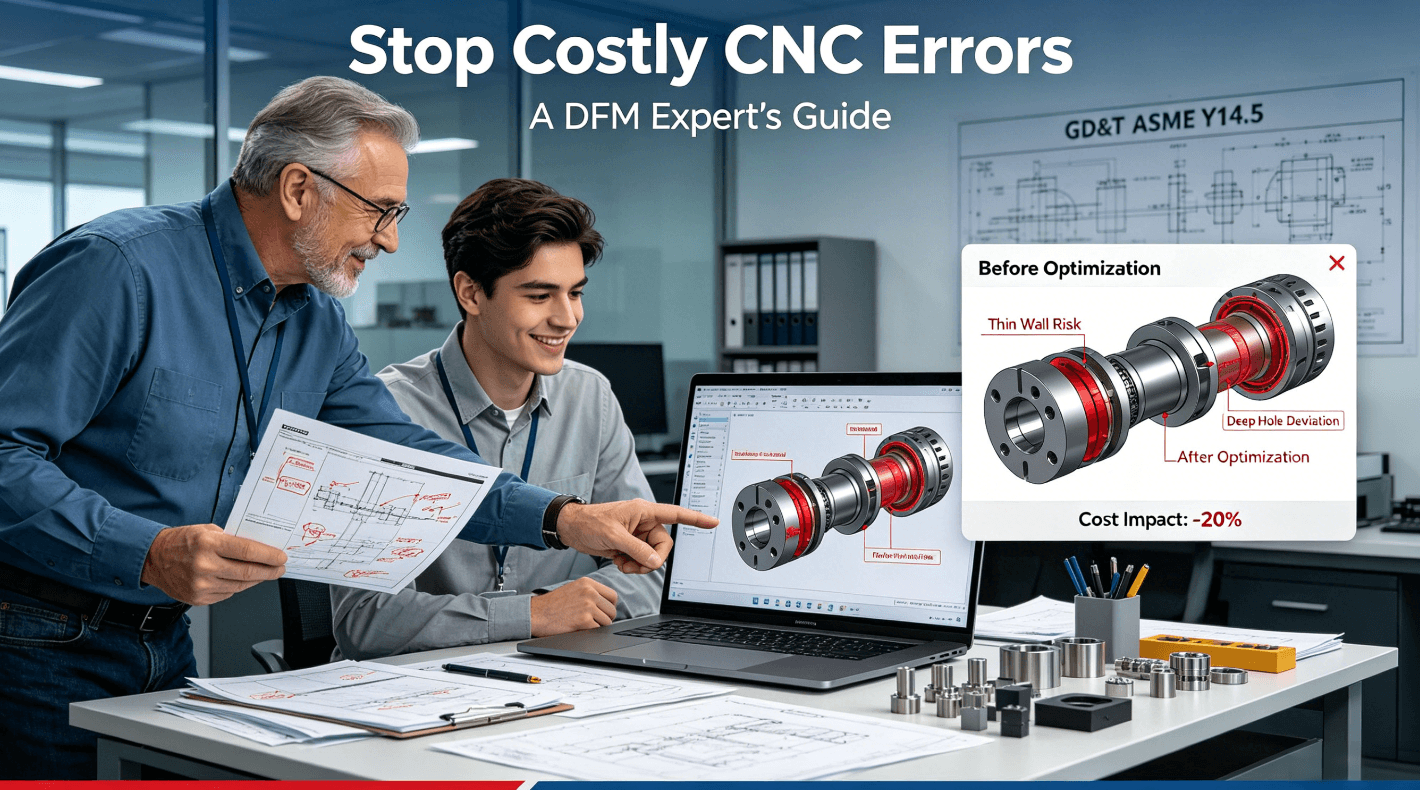 A senior engineer and a designer collaborate, reviewing a printed DFM report and a 3D CAD model highlighting potential machining risks like thin walls and deep hole deflection, with cost-saving design alternatives displayed, in a professional engineering environment.
