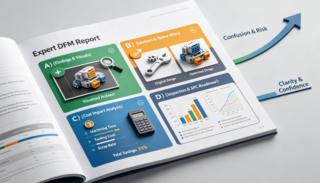 3D infographic breaking down the four key components of an effective DFM report as described in the article: Visualized Findings, Before/After Solutions, Cost Impact Analysis, and an Inspection Roadmap, illustrating its role in transforming sourcing decisions.