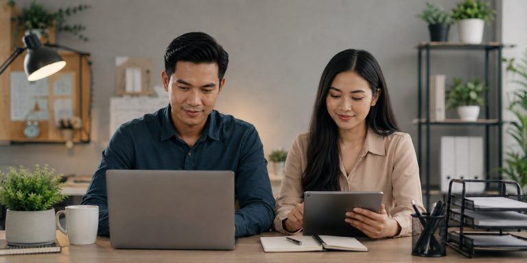 Two professionals use a laptop and tablet in an office